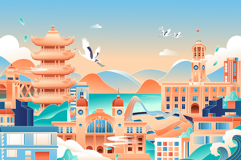 出游旅行中国武汉城市地标特色印象建筑风景中国风国潮矢量插画下载