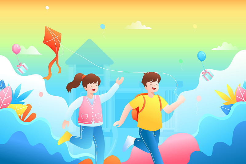 儿童节亲子游游乐园放风筝运动成长看护宝宝健康夏令营矢量插画图片