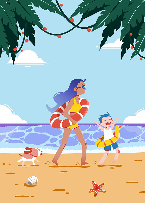 辣妈和孩子在海边度假图片素材