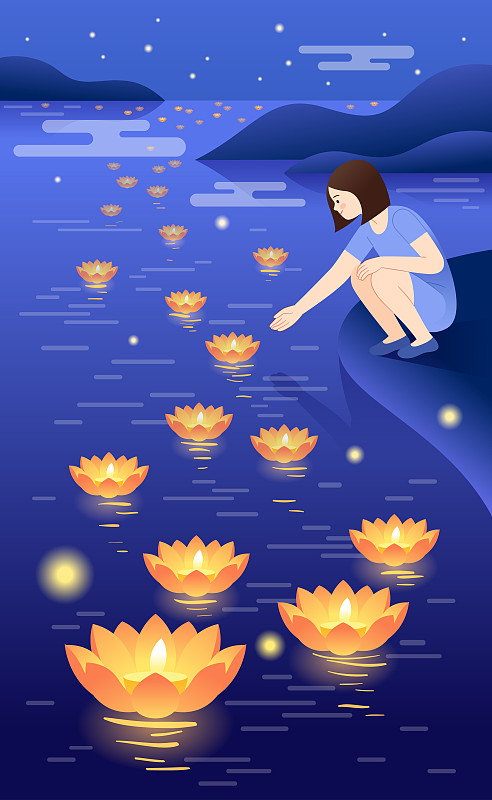 一个女生在水边放河灯图片素材