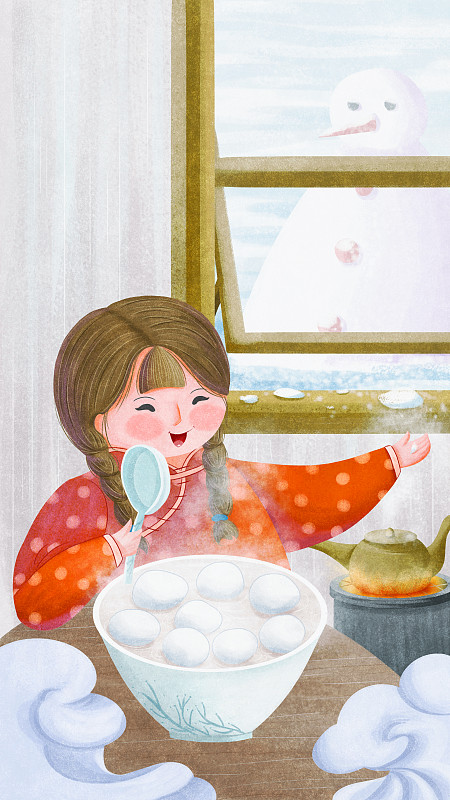 外面在下雪，小女孩在家吃汤圆图片素材