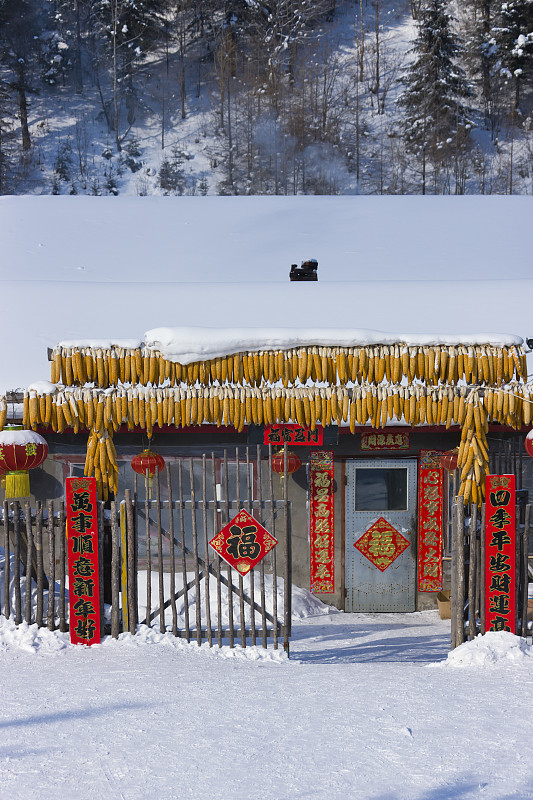 春节期间被雪覆盖的雪村，黑龙江省，中国图片素材