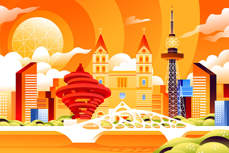 卡通中国山东青岛城市建筑风景旅游旅行出游标志性地标矢量插画下载