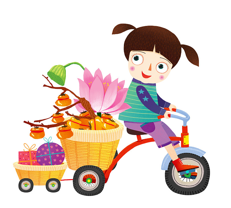 新年元素春节元素插画-喜事连连女孩骑着脚踏车图片