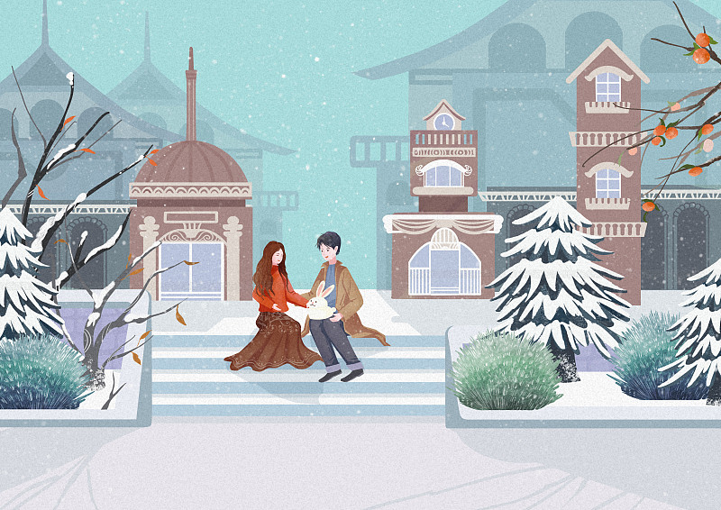小清新飘雪的冬季街景上情侣约会场景插画下载