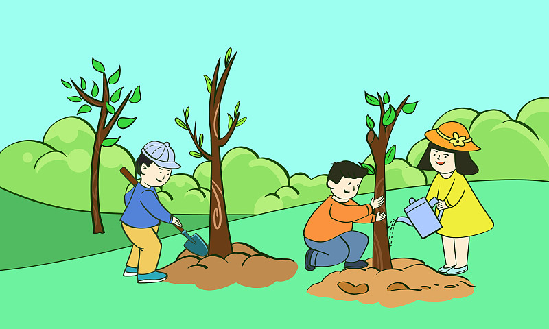 卡通儿童植树节野外种树浇水场景图片素材