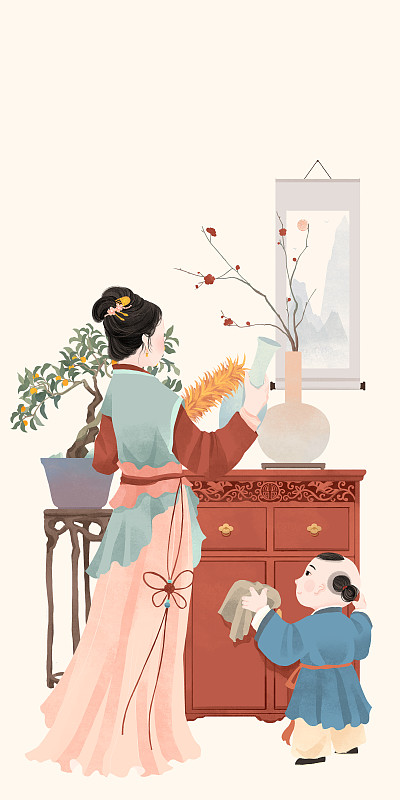 中国古代传统年俗腊月二十四掸尘扫房子插画图片
