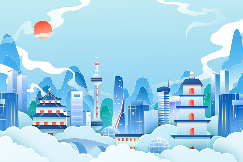 卡通中国上海城市地标建筑生活方式建筑群中国风国潮矢量插画图片