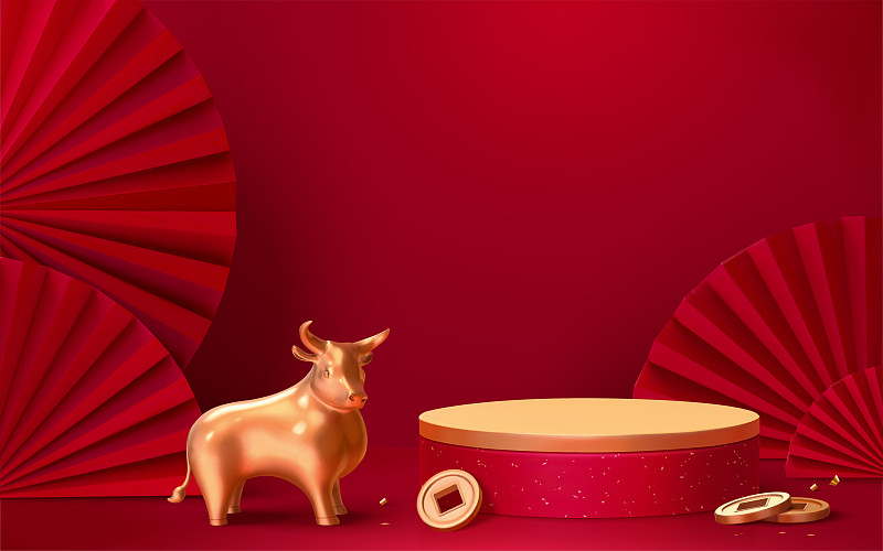中国新年三维金牛与纸扇背景图片素材
