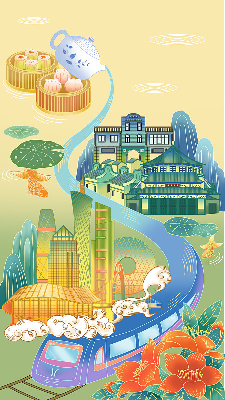 广州城市建筑美食插画图片