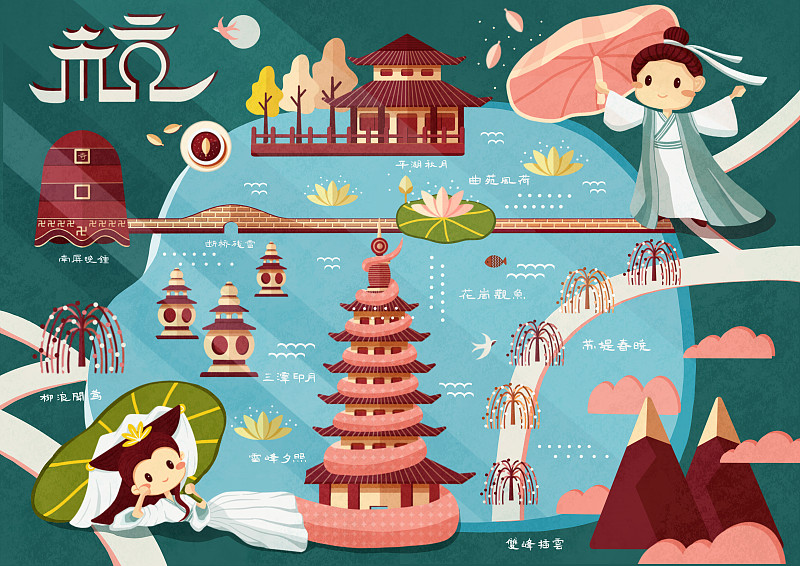 杭州西湖地图插画图片