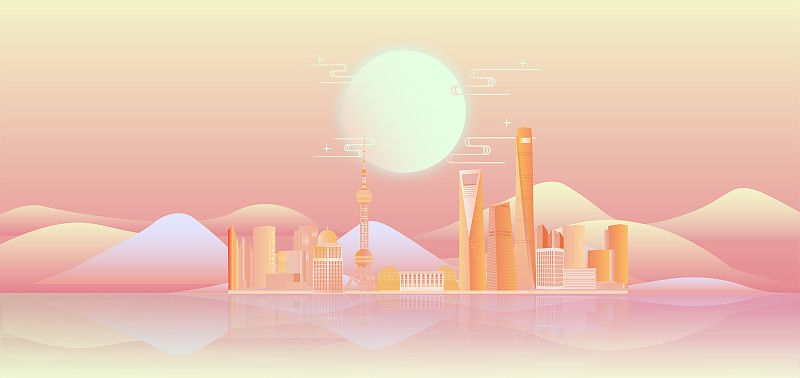 中秋节的上海城市天际线建筑群插画下载