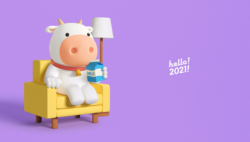 3D可爱的奶牛人物坐在黄色的沙发上喝牛奶图片素材