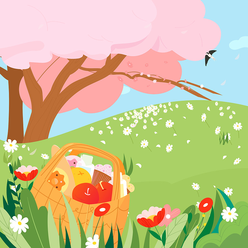 春天户外樱花树草地花朵和野餐篮矢量插画背景下载