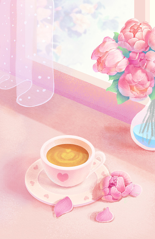 温馨粉色阳台咖啡花图片素材