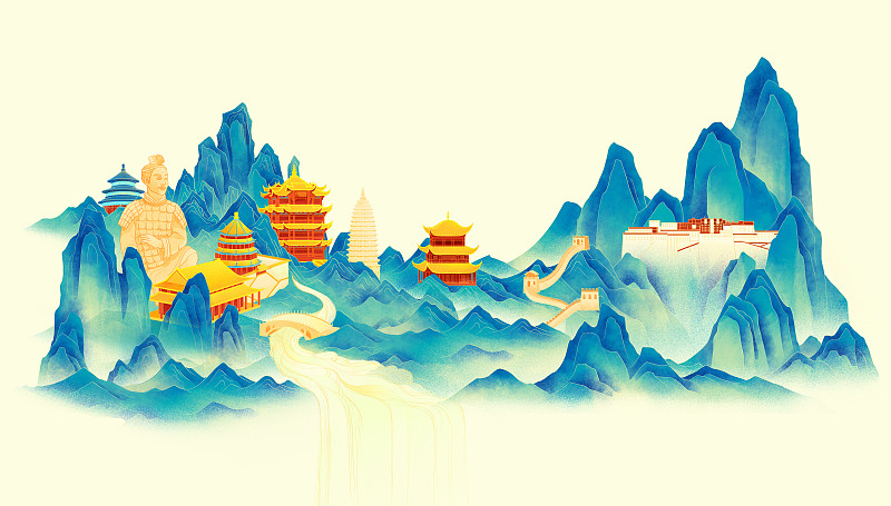 中国古代著名建筑山峰河流国潮插画图片