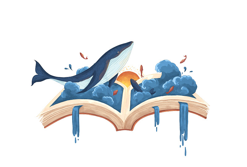 创意书籍海浪鲸鱼插画白底下载