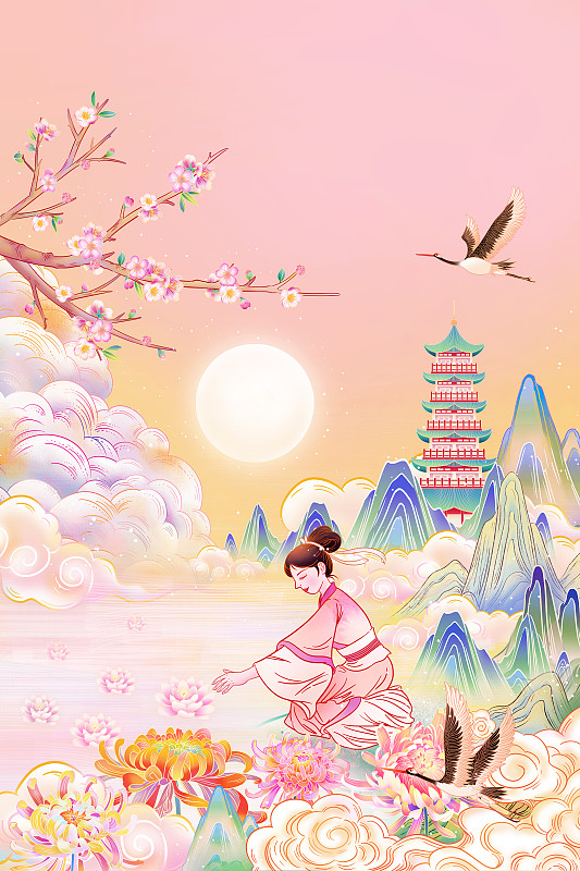 中秋节古代女子放河灯国风祈福插画海报背景图片