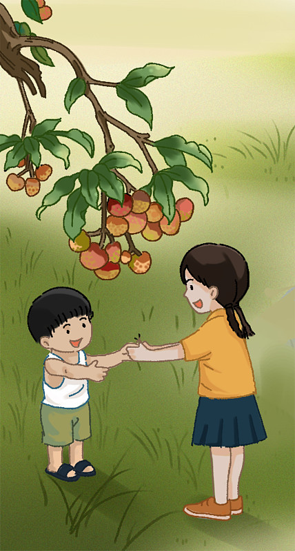 夏天姐弟户外游玩荔枝树下游戏玩耍插画图片