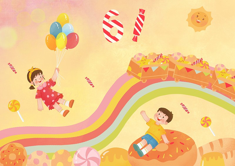 六一,儿童节,节日,小孩,小朋友,气球,彩虹,梦幻,可爱风,图片素材