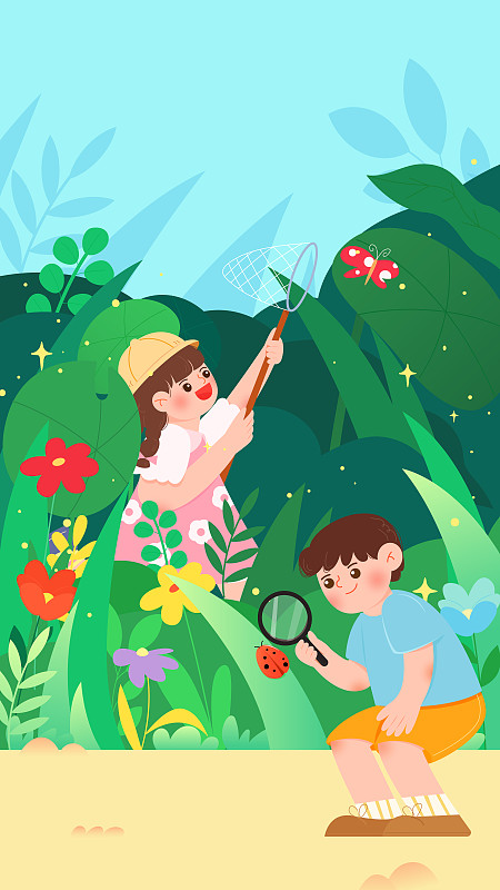 儿童暑假在草丛观察昆虫玩耍矢量插画海报横图图片