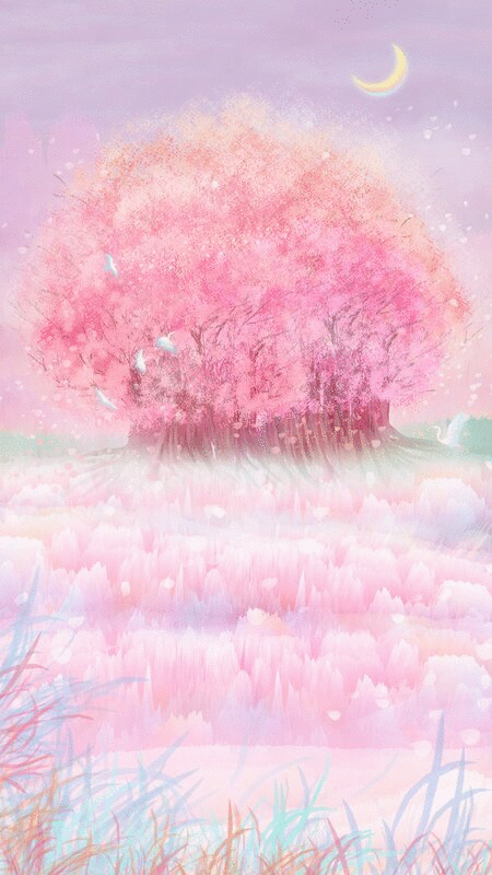 一棵茂盛的樱花树生长在山坡草坪上插画背景图片下载