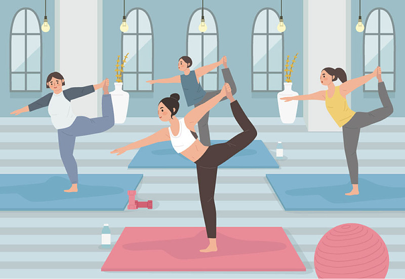 矢量插图的一组妇女做瑜伽在垫子伸展腿在健康俱乐部图片素材