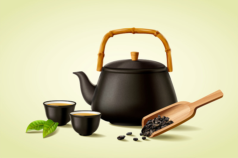 中国茶具组 茶壶茶杯与茶匙素材图片下载