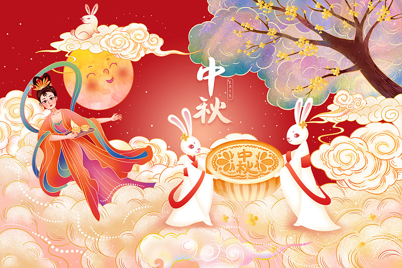 中秋节嫦娥奔月兔子月饼插画海报图片