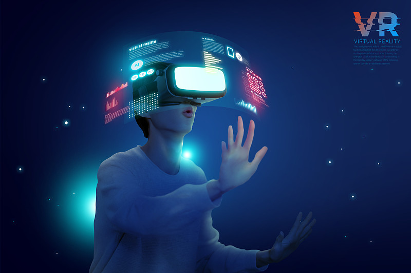 亚洲人享受VR虚拟现实，3d渲染图形图片下载