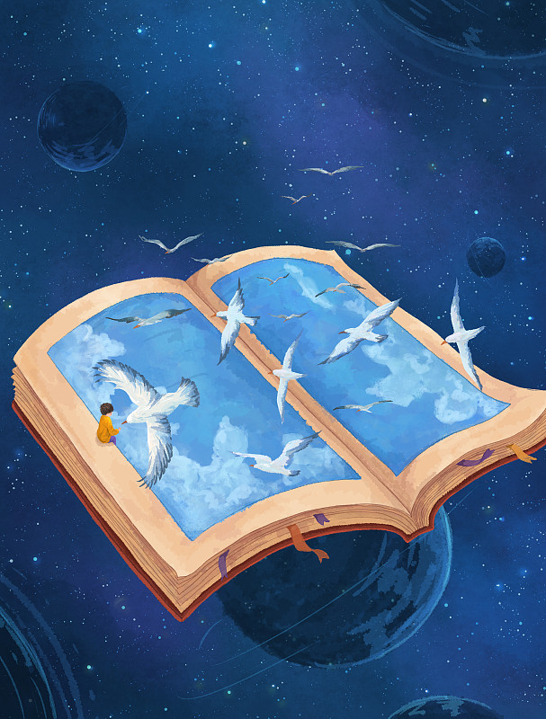创意太空书籍儿童飞鸟插画竖版下载