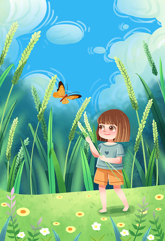 手绘小满立夏夏至节气谷物小麦麦穗女孩蝴蝶插画图片