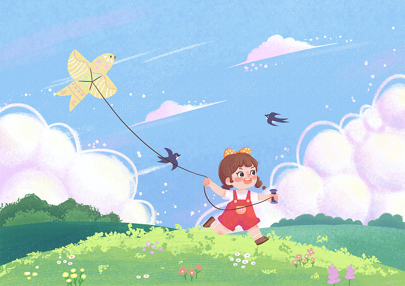 春天放风筝的小女孩图片下载