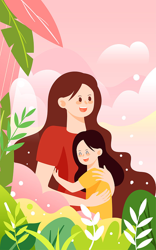 母亲节母女拥抱插画感恩节家人庆祝活动海报图片