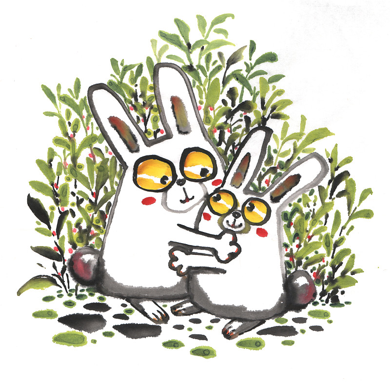 国画水墨插画 相互拥抱的兔子下载