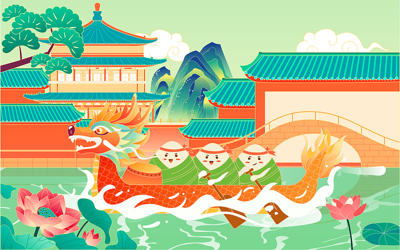 端午节赛龙舟传统节日活动古代建筑国潮插画下载
