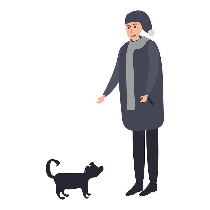 冬天寒冷的时候，男人带着狗的衣服帽子插画图片