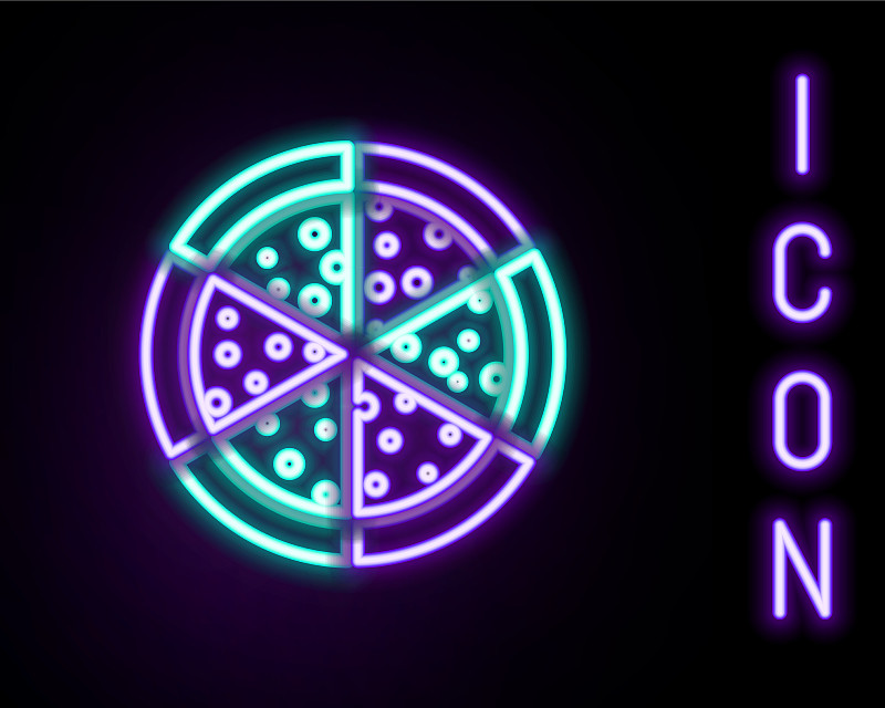 发光的霓虹灯线披萨图标孤立在黑色插画图片