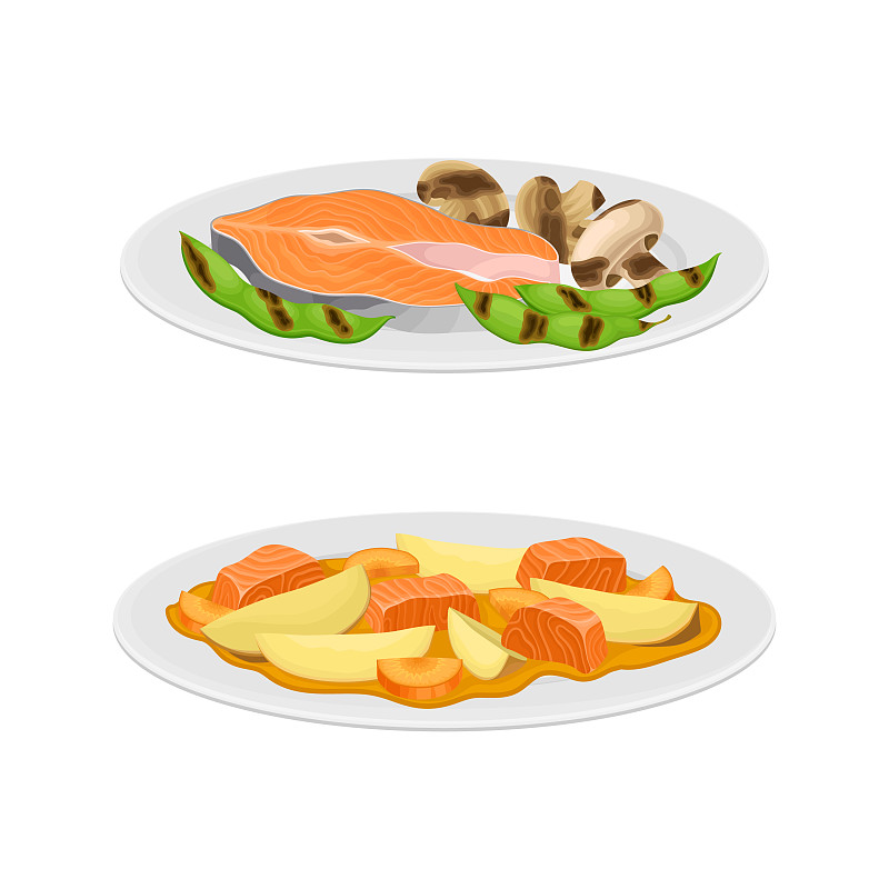 美味的海鲜菜肴，配上三文鱼鱼插画图片