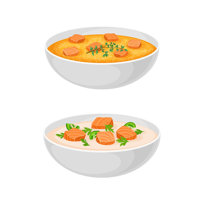 美味的海鲜菜肴中加入了三文鱼鱼汤插画图片