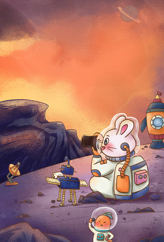 在火星探测的宇宙兔子插画下载