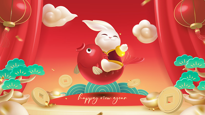 兔年春节背景设计骑着红鲤鱼的可爱兔子图片下载