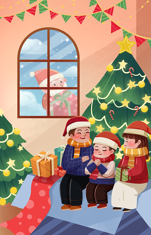 圣诞节一家人圣诞树礼物插画下载