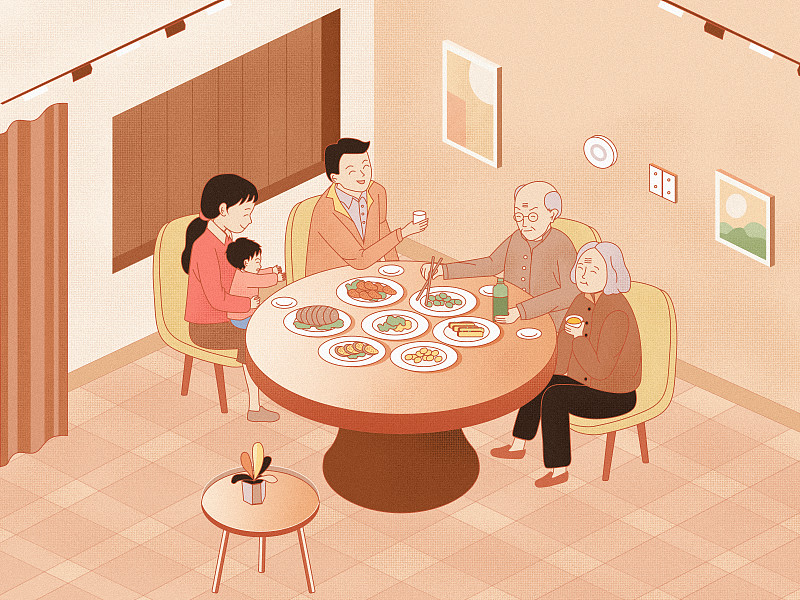 家庭日常父母一家人孩子年夜饭除夕生活快乐质感插画下载