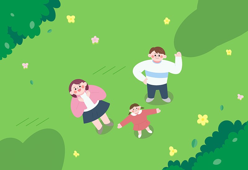 春季亲子家庭郊游户外儿童家人农家乐出游自然插画下载