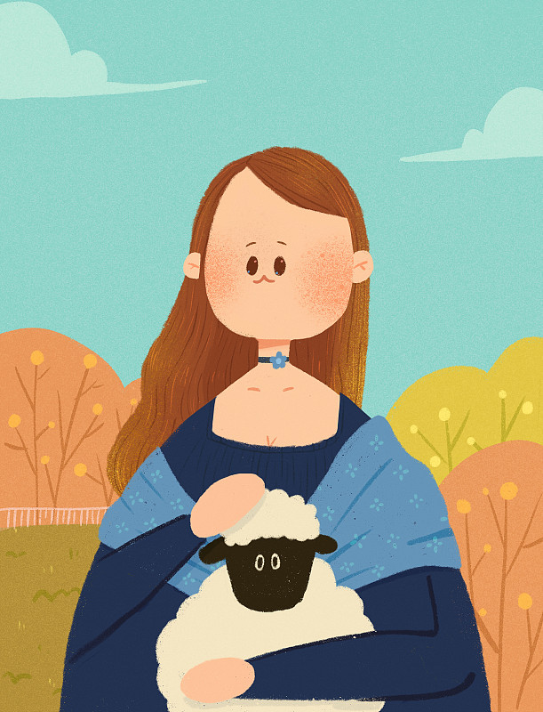 秋天的户外女人抱着小羊图片下载