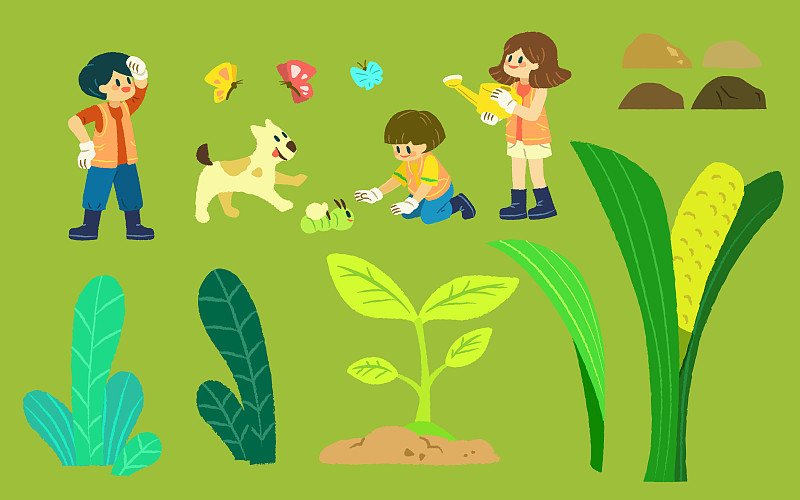 可爱小孩, 植物与小动物手绘素材组合图片下载