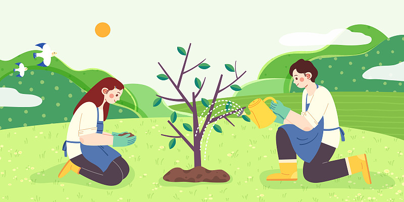 植树节-青年春天户外植树活动插画下载