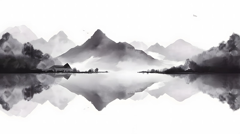 中国水墨山水湖面倒影画横版图片下载