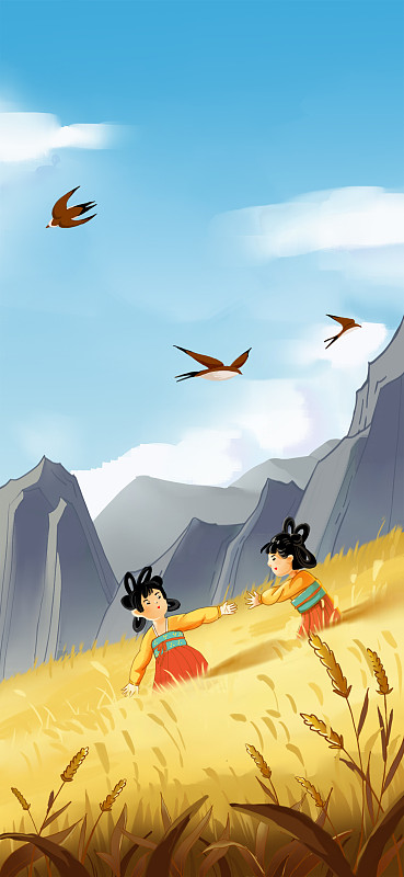 中国传统24节夏季6月气芒种麦子手绘插画卡通下载